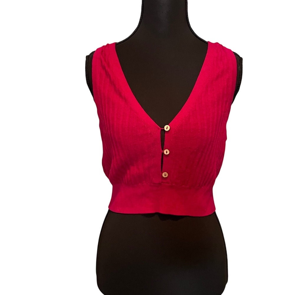 Intimately Free People Magenta Ribbed Knit Button Front Crop Sweater Vest M Y2K